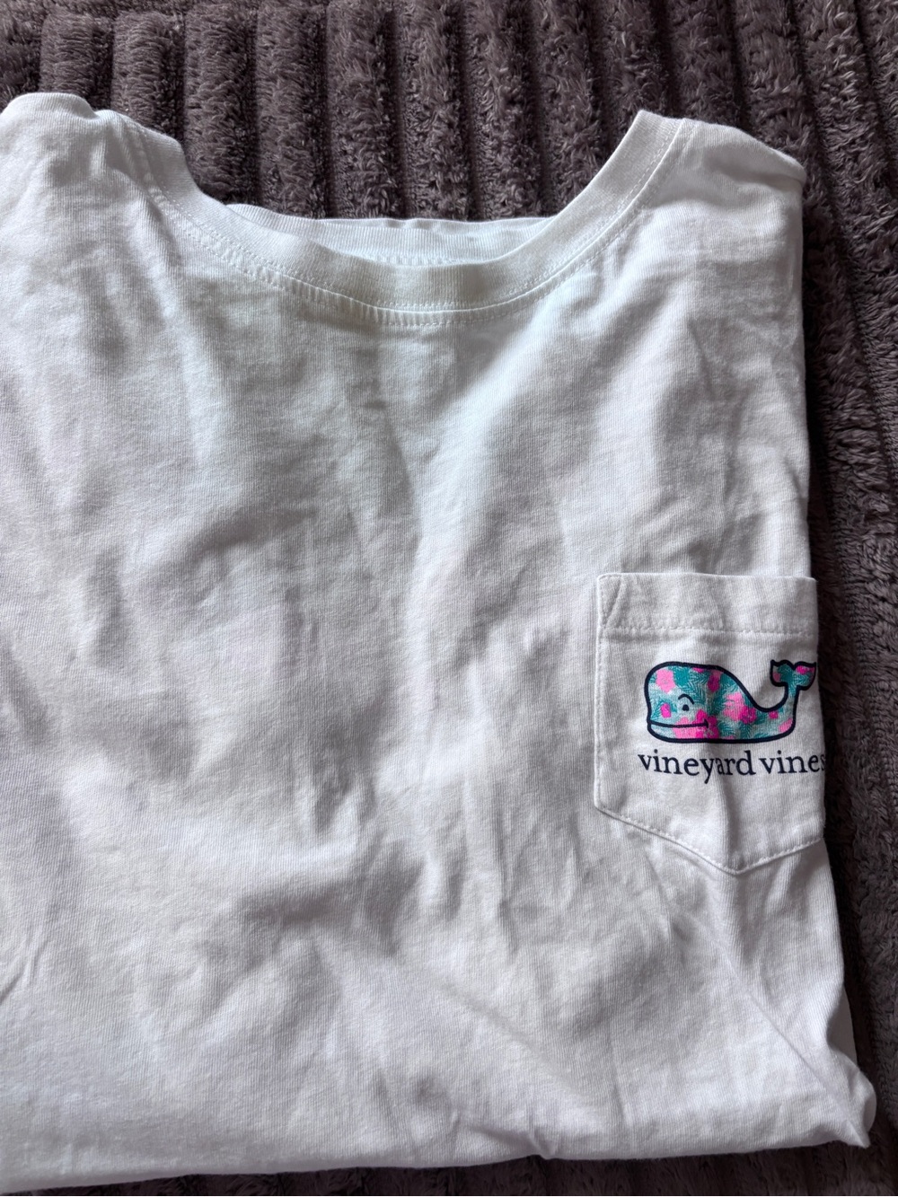 Vineyard Vines White Kids Pocket Tee with Pink & Teal Whale